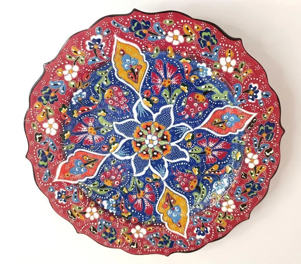 Çini El Yapımı Kabartma Etnik Çiçek Desen Seramik Çini Tabak 26 cm 17160 - 6