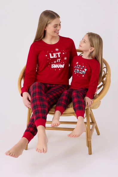 Arnetta 3105 Noel Let İt Snow Kız Çocuk Kırmızı Uzun Kol Pijama Takım - 6