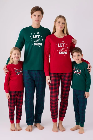 Arnetta 3105 Noel Let İt Snow Kız Çocuk Kırmızı Uzun Kol Pijama Takım - 7