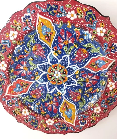 Çini El Yapımı Kabartma Etnik Çiçek Desen Seramik Çini Tabak 26 cm 17160 - 5