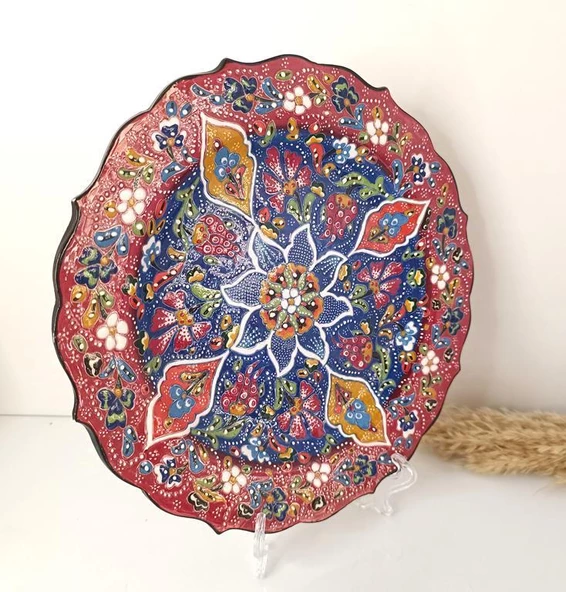 Çini El Yapımı Kabartma Etnik Çiçek Desen Seramik Çini Tabak 26 cm 17160 - 4