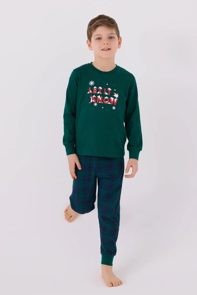 Arnetta 3131 Noel Let İt Snow Erkek Çocuk Yeşil Uzun Kol Pijama Takım - 2