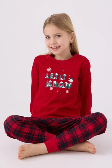 Arnetta 3105 Noel Let İt Snow Kız Çocuk Kırmızı Uzun Kol Pijama Takım - 2