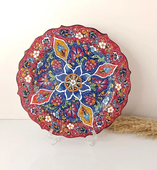 Çini El Yapımı Kabartma Etnik Çiçek Desen Seramik Çini Tabak 26 cm 17160