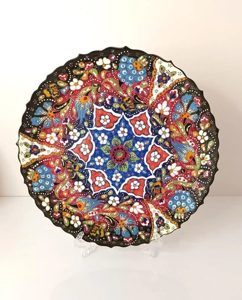 Çini El Yapımı Kabartma Etnik Çiçek  Desen Seramik Çini Tabak 27 cm 17159