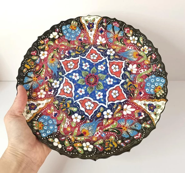 Çini El Yapımı Kabartma Etnik Çiçek  Desen Seramik Çini Tabak 27 cm 17159 - 2