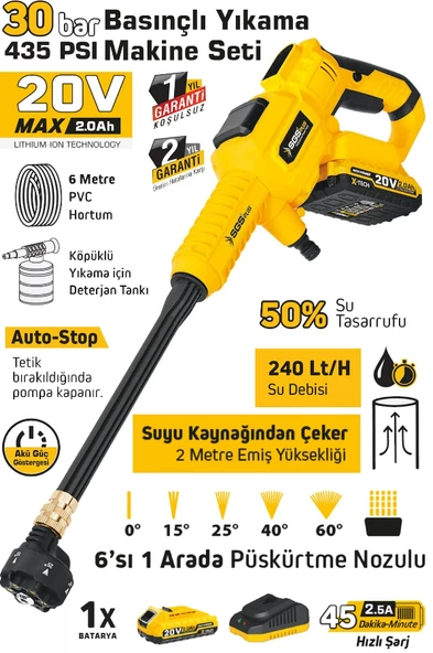 SGS PROFESYONEL AKÜLÜ BASINÇLI YIKAMA MAKİNESİ SETİ 30BAR 435PSI 1 ADET  2.0Ah - 2