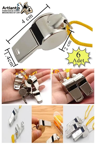 Metal Düdük 6 Adet Kaliteli İpli Paslanmaz Metal Deprem Düdügü Hakem Bekçi Can Kurtaran Düdük Yüksek Desibel