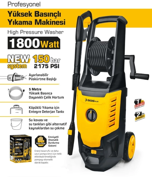 SGS PROFESYONEL YÜKSEK BASINÇLI YIKAMA MAKİNASI 1800 WATT 150 BAR - 2