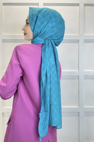 Belli Dubai Şal - Dama Desen Jakarlı Dubai Şal - Ütü İstemez Şal 01151  TURKUAZ - 2