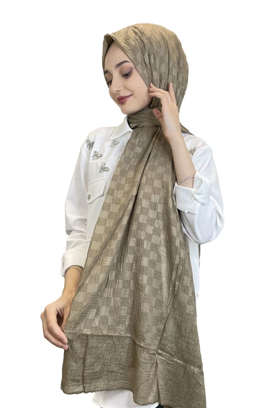 Belli Dubai Şal - Dama Desen Jakarlı Dubai Şal - Ütü İstemez Şal 01151  KOYU VİZON