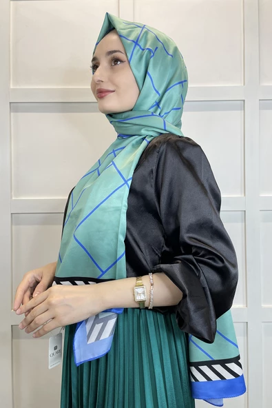 Shecarf Quare Çizgi Desen İpeksi Şal 01117  MAVİ - Resim 2