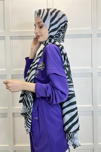 Siyane Scarf Pamuk Soft Şal - Zebra Desenli Pamuklu Şal 01157  GRİ - Resim 2