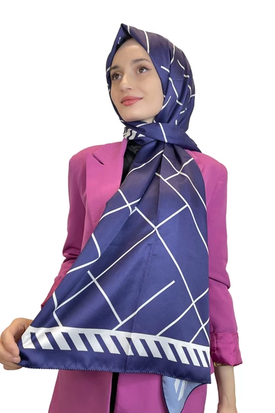 Shecarf Quare Çizgi Desen İpeksi Şal 01117  KOYU MOR ürün görseli
