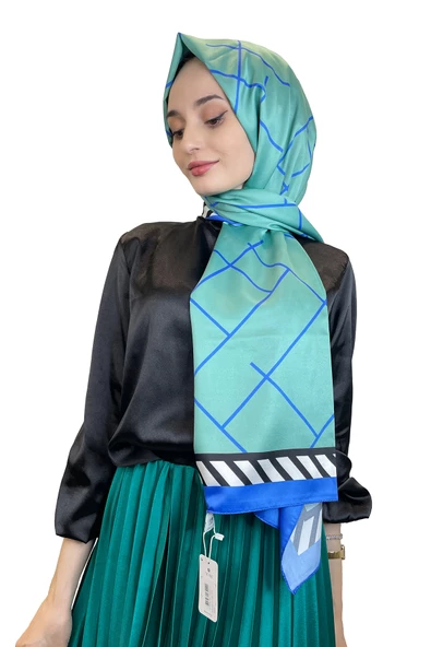 Shecarf Quare Çizgi Desen İpeksi Şal 01117  MAVİ ürün görseli