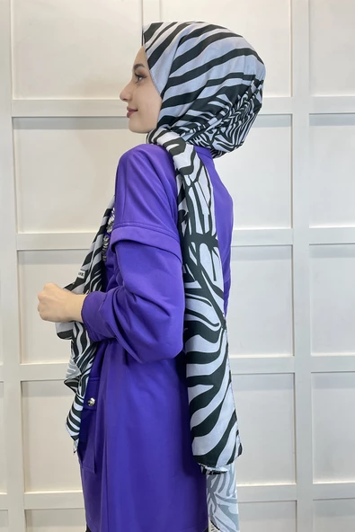 Siyane Scarf Pamuk Soft Şal - Zebra Desenli Pamuklu Şal 01157  GRİ - Resim 3