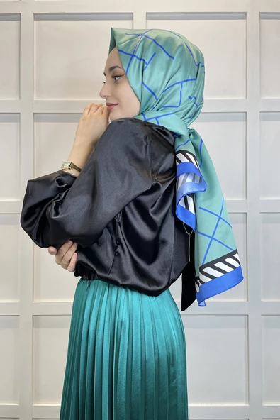 Shecarf Quare Çizgi Desen İpeksi Şal 01117  MAVİ - Resim 3