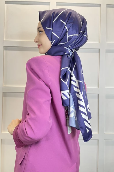 Shecarf Quare Çizgi Desen İpeksi Şal 01117  KOYU MOR - Resim 3