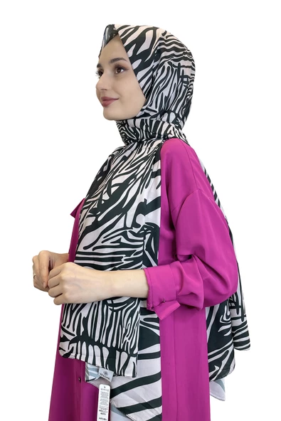 Siyane Scarf Pamuk Soft Şal - Zebra Desenli Pamuklu Şal 01157  AÇIK PUDRA