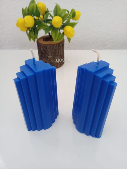 qosrix 2'li Mavi Soya Doğal Vanilya Kokulu Sütun Geometrik Şekil Kule Mum Dekoratif - 2