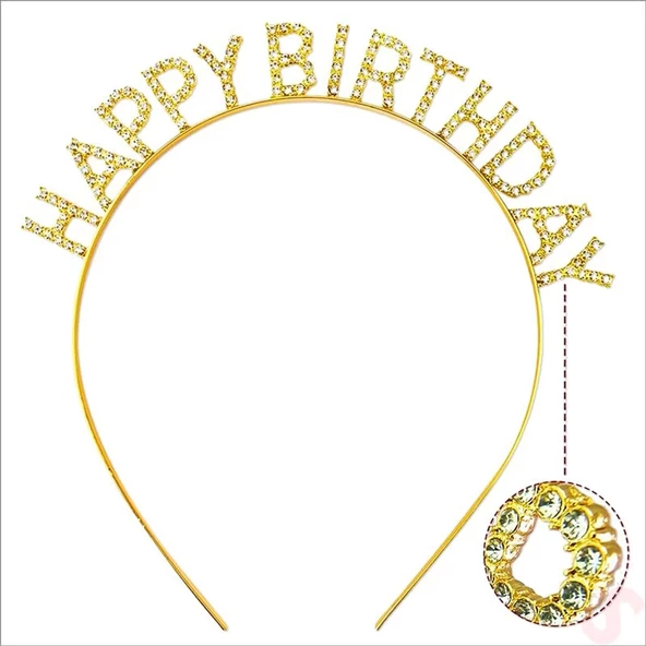 Altın Gold Renk Kristal Taşlı Parlak Happy Birthday Taç 16x17 Cm