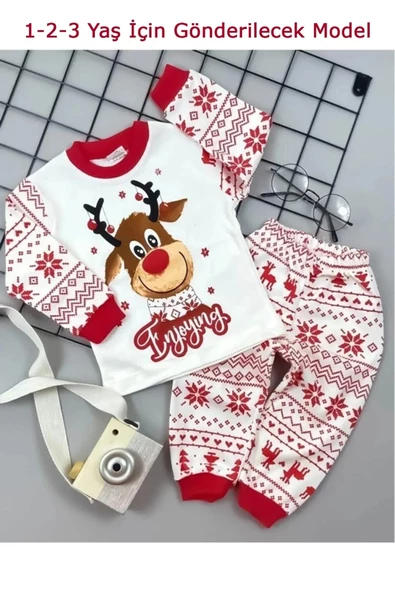 Bilge Trend Yılbaşı Noel Yeniyıl Etnik Desen Geyikli Çocuk Pijama Takım