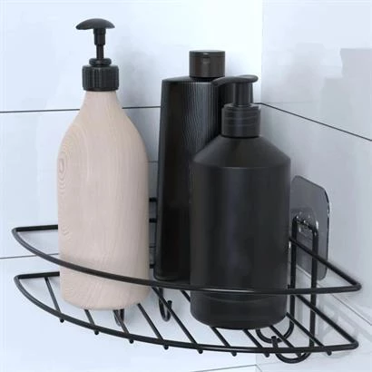 BUFFER® Yapışkanlı Banyo Köşeliği Kancalı Köşe Rafı Duş Şampuanlık Duvar Düzenleyici Organizer Raf