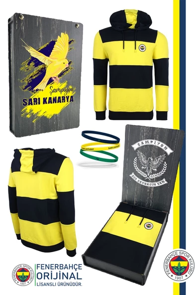 Fenerbahçe Orijinal Lisanslı Sarı Lacivert Kapüşonlu Sweat + Bileklik Set Özel Ahşap Kutulu ürün görseli 1