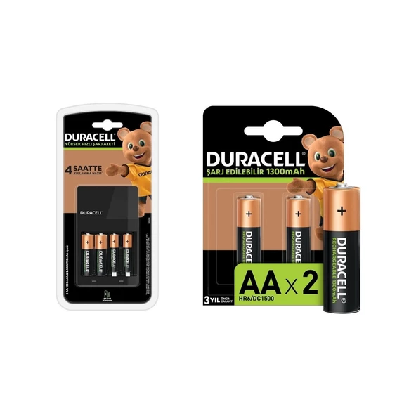 Duracell Cef 14 Şarj Aleti + 2'şer Adet Aa ve Aaa Pil ( 4 Saat Şarj Cihazı, 1 Adet) + Duracell