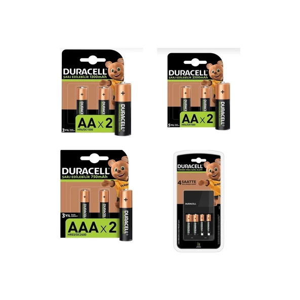 Duracell Cef 14 Şarj Cihazı Şarj Edilebilir 2 adet 2500 mAh AA 4 adet 1300 mAh AA ve 4 adet 750 mAh AAA Pil Paketi
