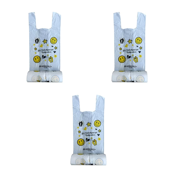 Arma Gülen Yüz Baskılı Rulo Şeffaf Market Poşet Torba - Atlet Poşet -Büyük Boy - 100 Adetlik 3 Rulo ürün görseli 1