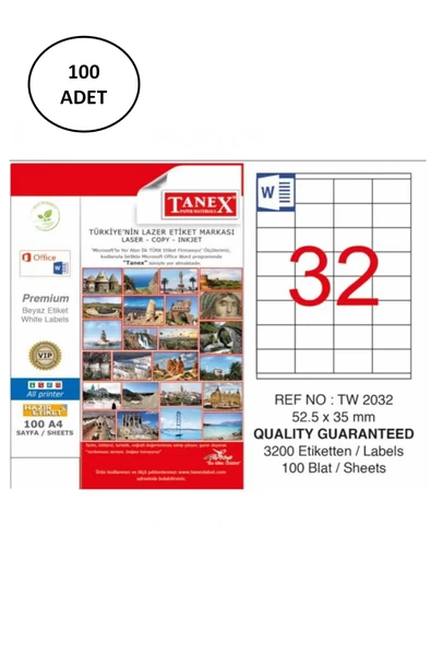 Tanex TW-2032 52.5x35mm Laser Etiket 100 Lü