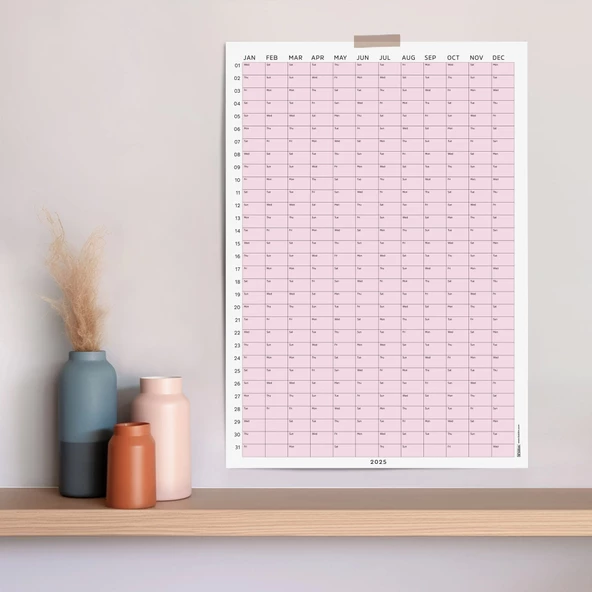 2025 Yıllık Takvim Planlayıcı, Planlayıcı Duvar Takvimi, Pastel Pembe Renk