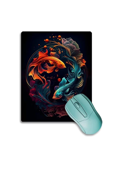 SonicTouch Ying Yang Temalı Mavi Turuncu Koi Balığı Kaydırmaz Gaming Oyuncu Dikişsiz Mouse Pad/Ped 17x21cm