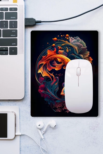 SonicTouch Ying Yang Temalı Mavi Turuncu Koi Balığı Kaydırmaz Gaming Oyuncu Dikişsiz Mouse Pad/Ped 17x21cm - 3