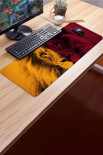SonicTouch Sarı Kırmızı Aslan Temalı Kaymaz Gaming Oyuncu Masaüstü Dikişsiz Klavye Mouse Pad 32x70Cm - 3