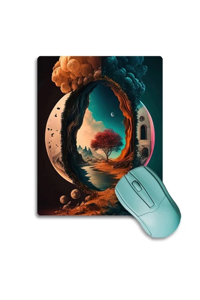 SonicTouch Ay ve Ağaç Temalı Kaydırmaz Gaming Oyuncu Dikişsiz Mavi Turuncu Mouse Pad/Ped 17x21cm