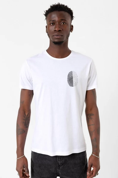 Siyah Beyaz Parmak İzi Beyaz Erkek Bisikletyaka Tshirt ürün görseli