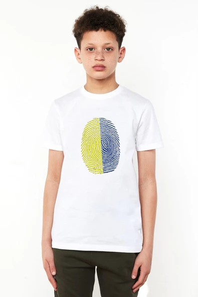 Sarı Lacivert Parmak İzi Beyaz Çocuk Bisikletyaka Tshirt