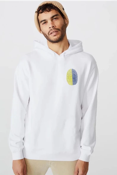 Sarı Lacivert Parmak İzi Beyaz Erkek 3ip Kapşonlu  Sweatshirt