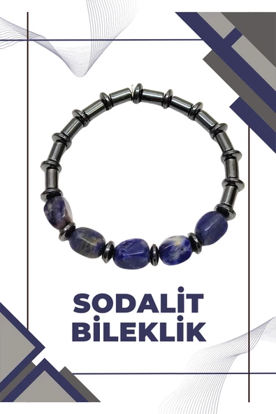 Sodalit Doğal Taş - Hematit Doğal Taş Kombinli Erkek  Bileklik