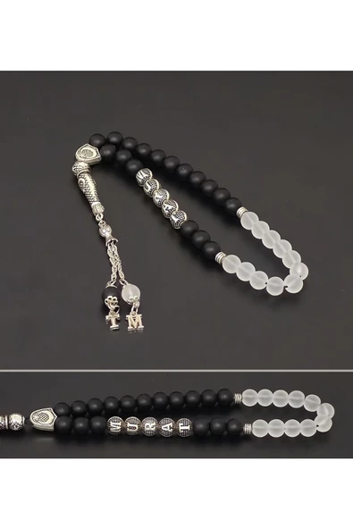 Kişiye Özel Isimli - Mat Oniks / Dumanlı Kuvars Kombinli Doğal Taş Tesbih - 6