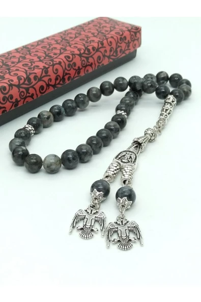 Spektrolit (Labradorit) Tespih, Püskülü Selçuklu Kartalı Figürlü... - Resim 3