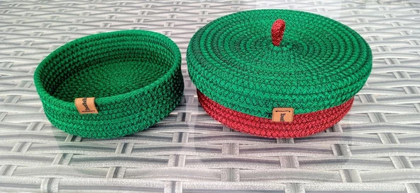 3 PARÇA KAPAKLI HASIR SEPET 20CM YUVARLAK BORDO&YEŞİL EV BANYO ÖRME HAVLU DÜZENLEYİCİ ORGANİZER - 2