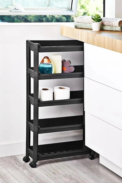 Sev Plastik 5 Katlı Tekerlekli Organizer Diktördgen Raf Ünitesi Siyah - 2