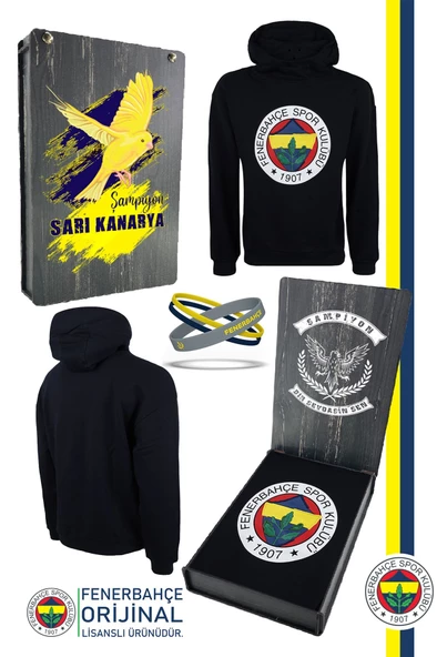 Fenerbahçe Orijinal Lisanslı Logolu Lacivert Kapüşonlu Sweat + Bileklik Set Özel Ahşap Kutulu