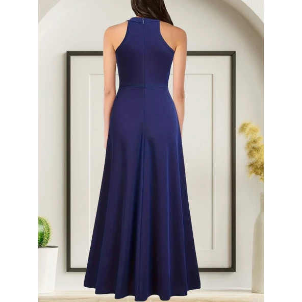 Lucky Life Kadın   Halter Yaka Derin Yırtmaç Detaylı Tam Boy Ithal Krep Abiye Elbise ürün görseli