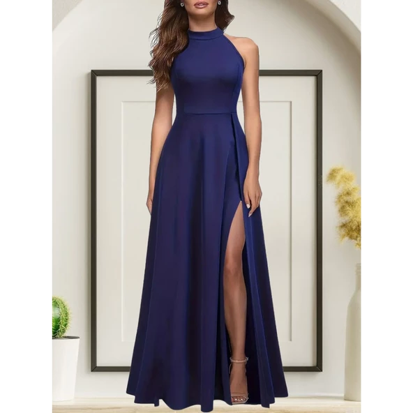 Lucky Life Kadın   Halter Yaka Derin Yırtmaç Detaylı Tam Boy Ithal Krep Abiye Elbise - Resim 2