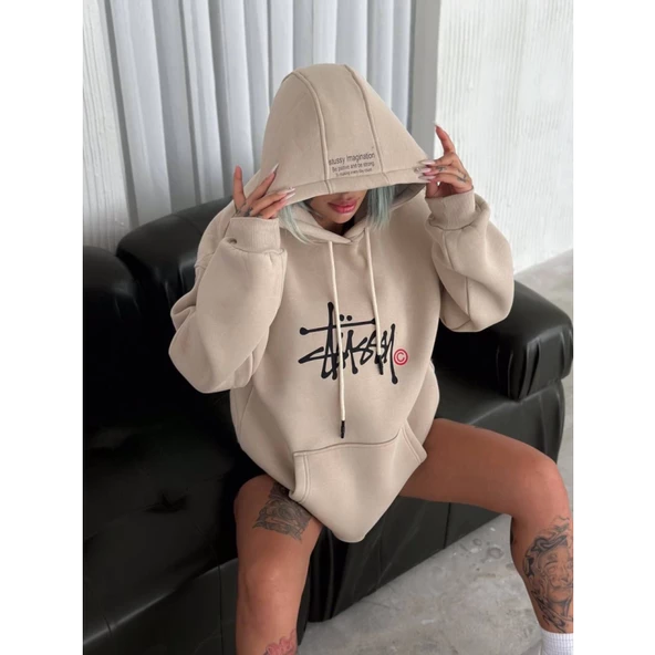 Üç İplik Kapşonlu Baskılı SweatShirt - Bej - 2