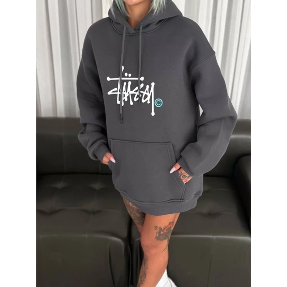 Üç İplik Kapşonlu Baskılı SweatShirt - Füme - 2